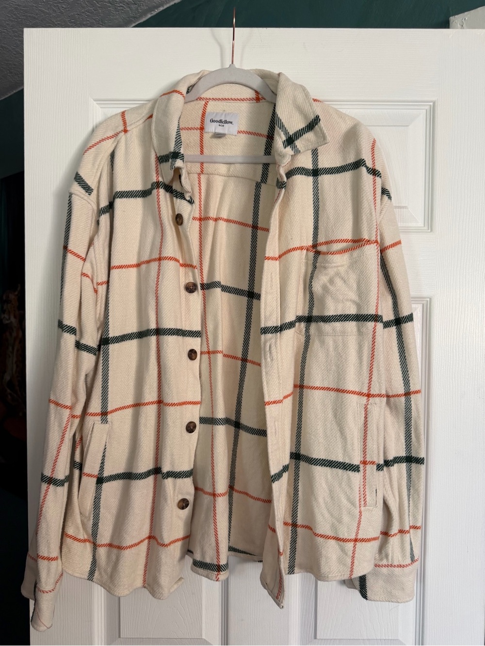 Goodfellow & Co Cream Plaid Utility Jacket with Green & Orange Checks